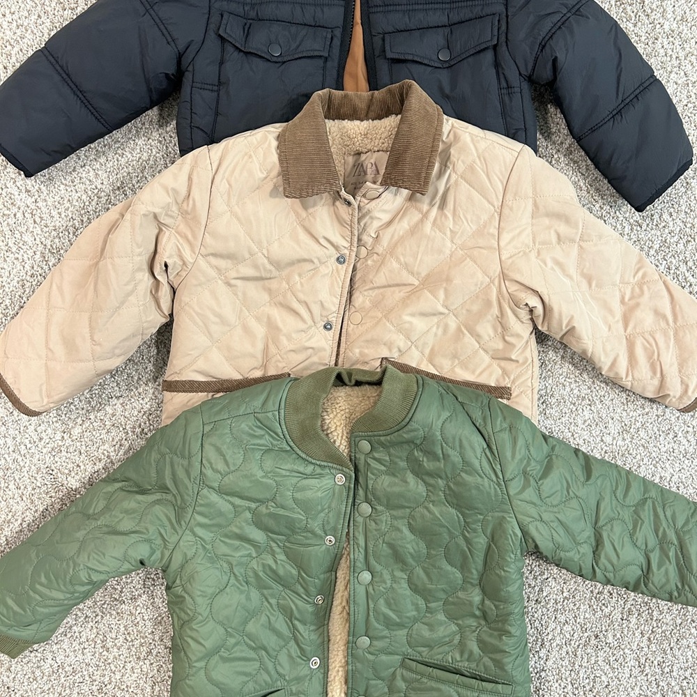 Zara Quilted Jackets in Green, Beige, and Black 3-4T